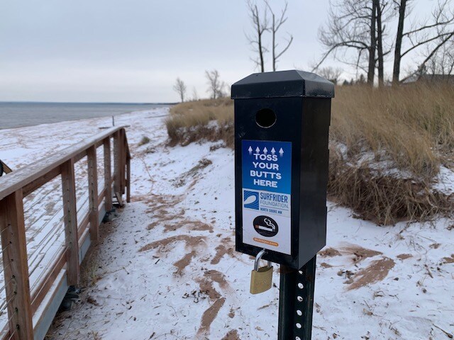 A newly installed cigarette butt disposal can placed at Park Point--S curves-- in Duluth, MN